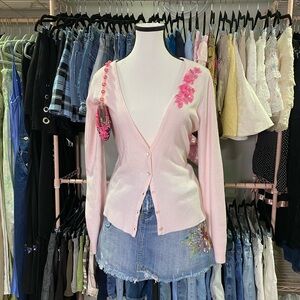 New York & Company Light Pink Embellished V-Neck Cardigan